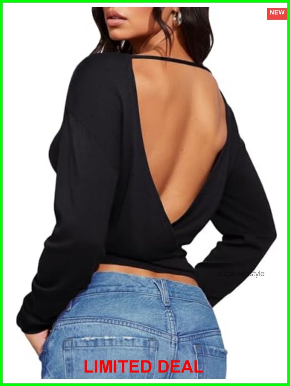 Boat Neck Cinched Waist Open Back Long Sleeve Crop Top